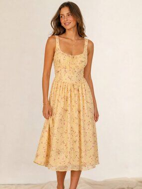 Thirty Thirty Floral Sweetheart Corset Bustier Midi Dress Yellow Pink Size XS